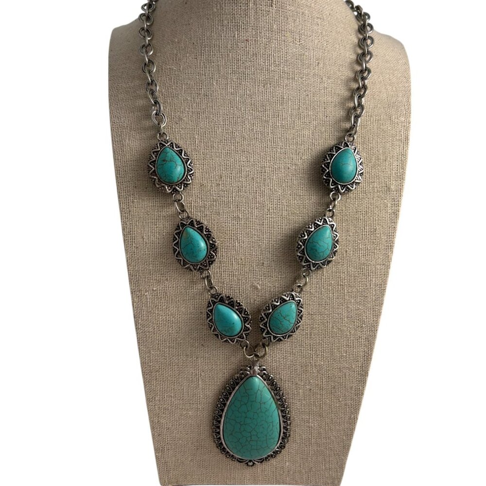 Western Necklace Faux Turquoise Teardrop Silver Tone Statement Pendant Boho